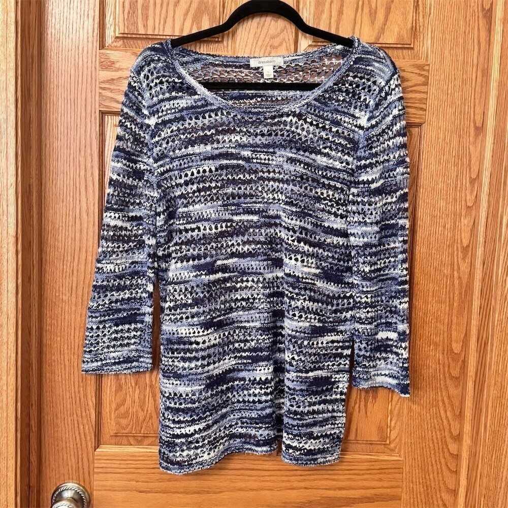 dressbarn Sweater Tunic Womens Size L Blue & White Striped 3/4 Sleeve Coastal